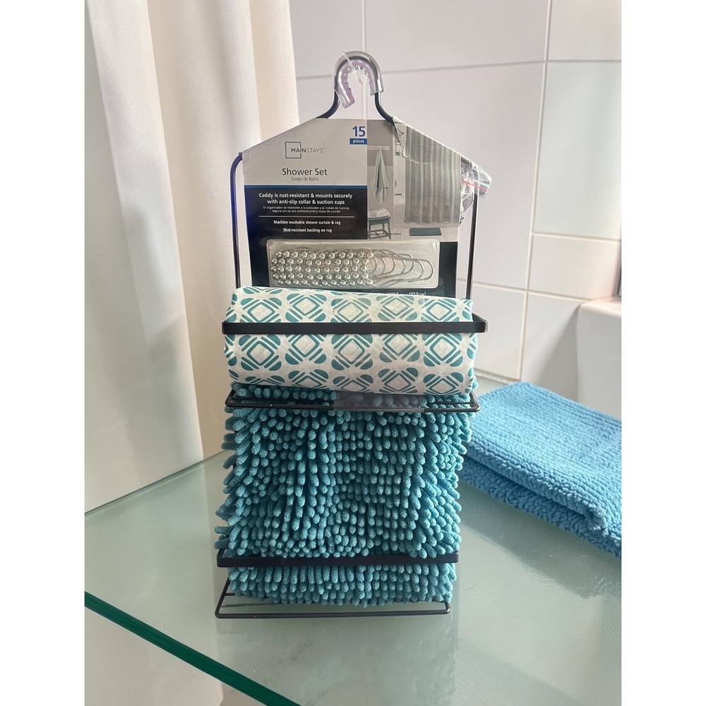 Mainstays 15 Piece Shower Set Teal Geometric Curtain‎ Rug Caddy Hooks